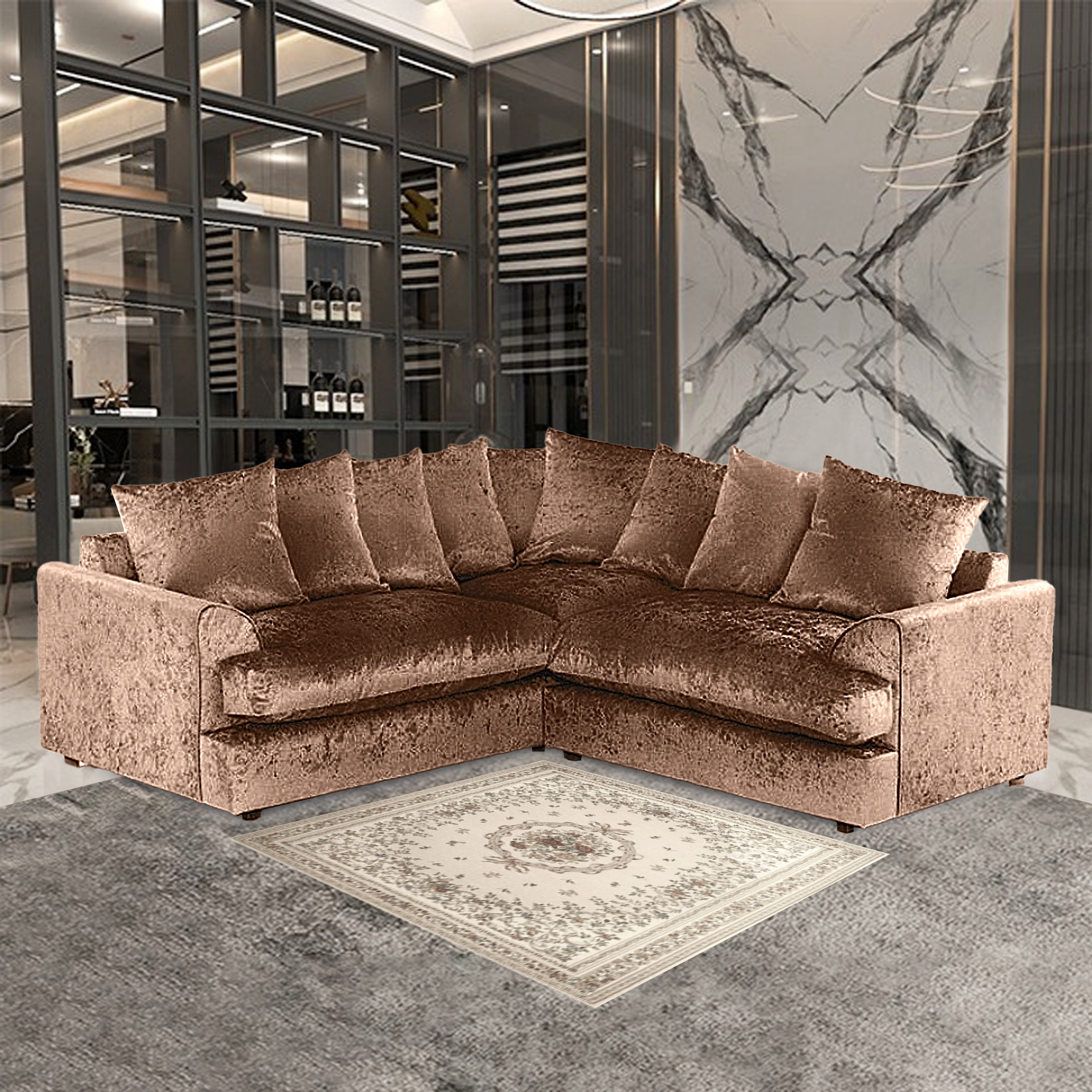 Dylan Crush Velvet Wide Armrest 5 Seater with Footstool Classic Corner Sofa