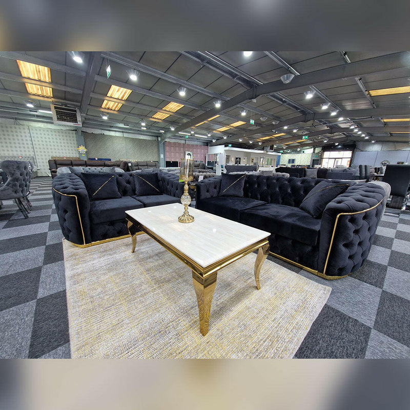 Toronto 3+2 Seater Black Velvet Sofa Set with Gold Detail