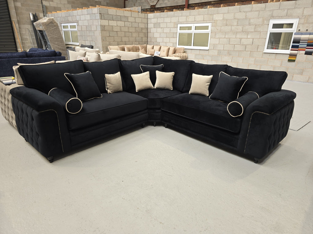 Zara Chesterfield Corner Sofa -  Black Plush Fabric