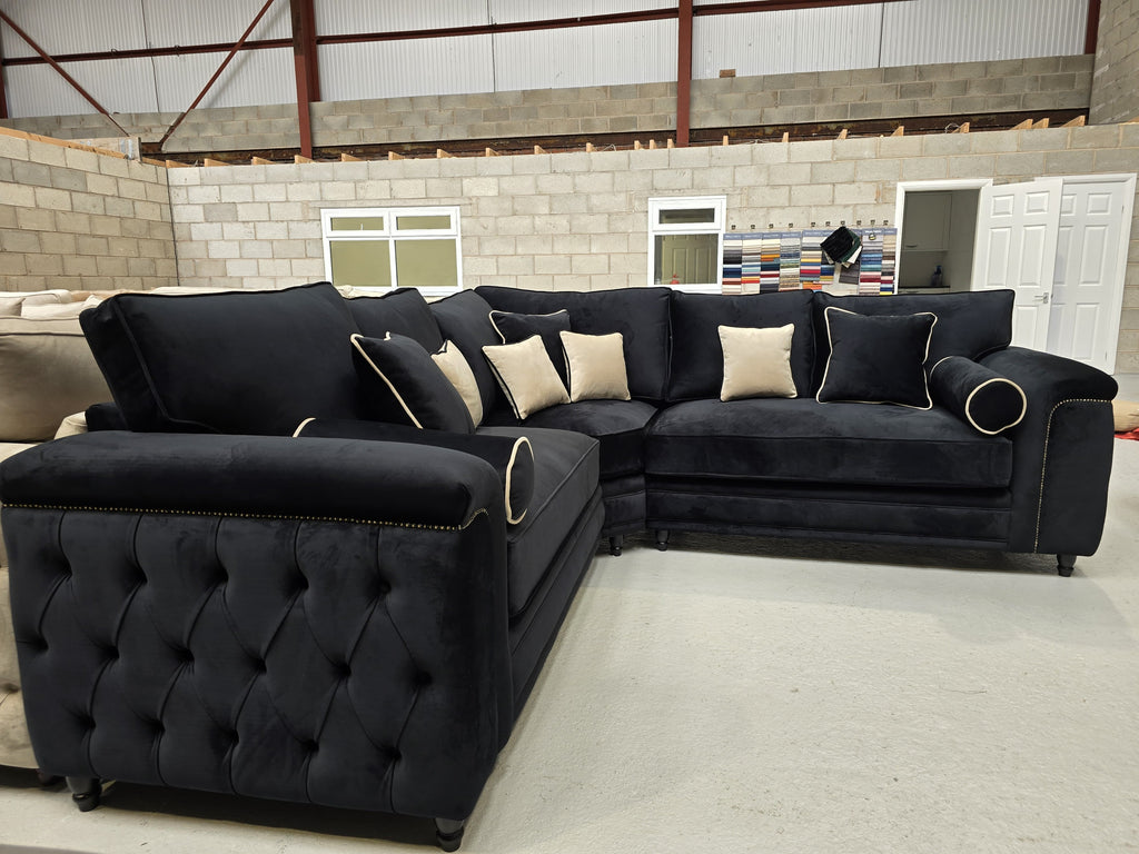 Zara Chesterfield Corner Sofa -  Black Plush Fabric