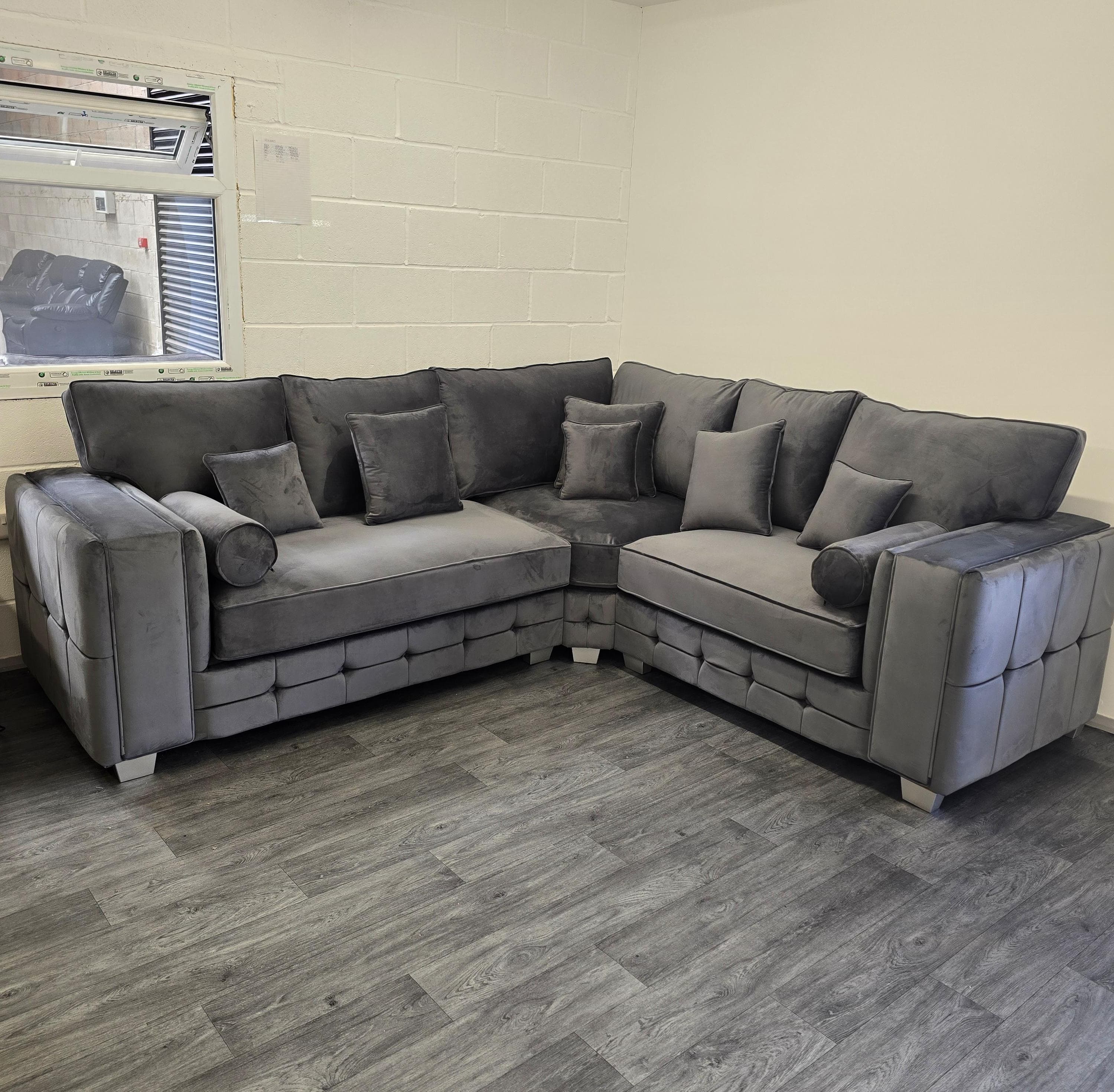 Madrid Corner Sofa – Cubed Design in Steel Plush Velvet