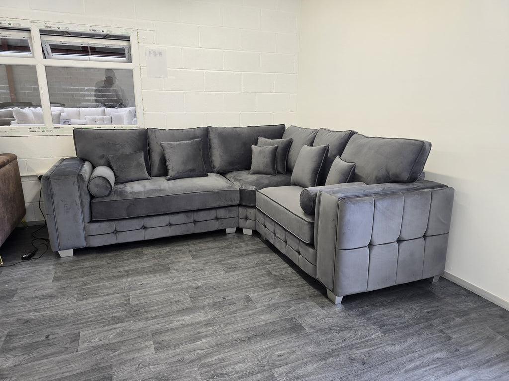 Madrid Corner Sofa – Cubed Design in Steel Plush Velvet