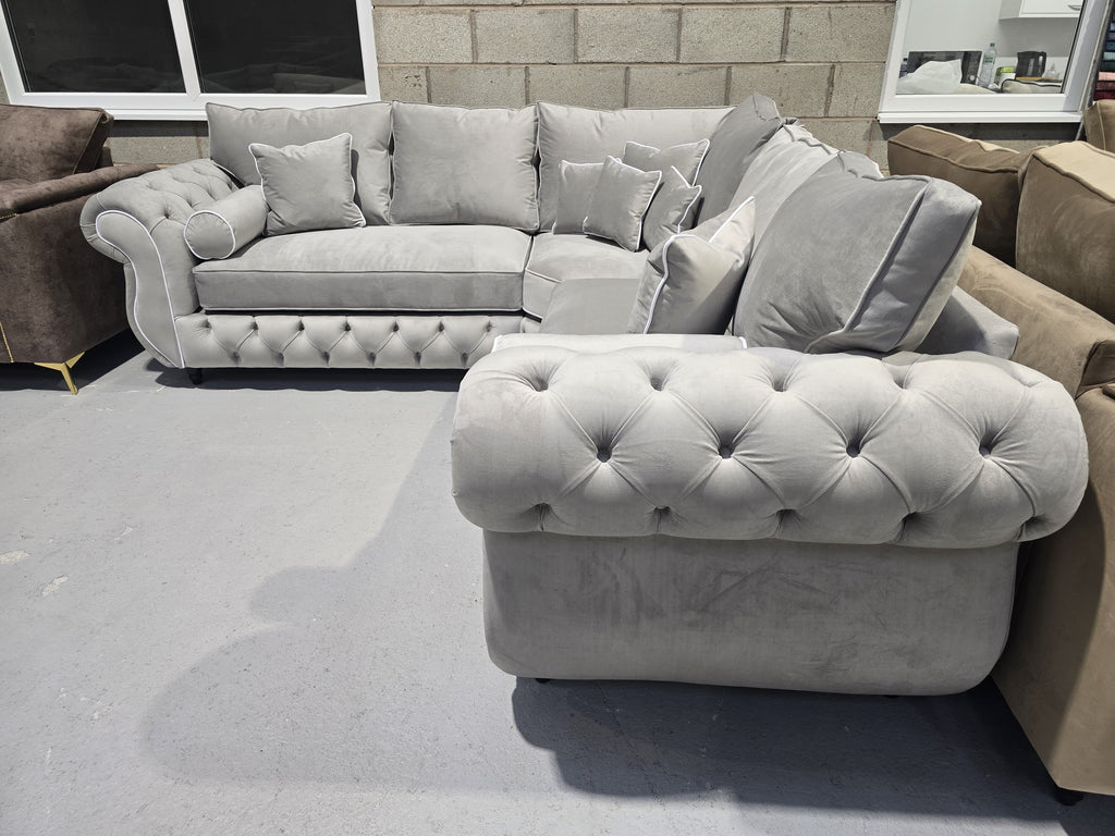 5 Seater Silver Plush Corner Chesterfield Sofa