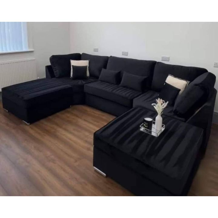 Bishop U-Shape Sofa-Black Plush Fabric